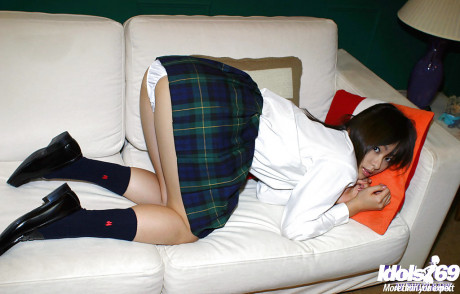 Nasty oriental schoolgirl Hikaru Koto slipping off her uniform - #781466