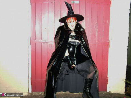 Older ginger head Valgasmic Exposed exposes herself in cosplay attire by a shed - #361884