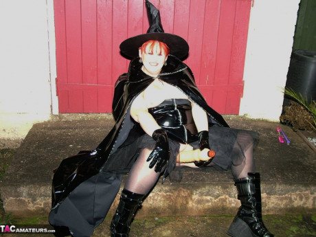Older ginger head Valgasmic Exposed exposes herself in cosplay attire by a shed - #361885