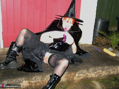 Older ginger head Valgasmic Exposed exposes herself in cosplay attire by a shed - #361888