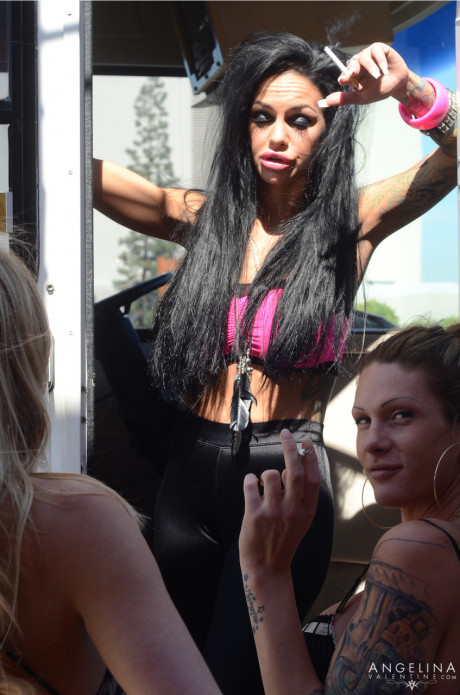 Busty pornstar Angelina Valentine and her friends strip and pose in a van - #1109381