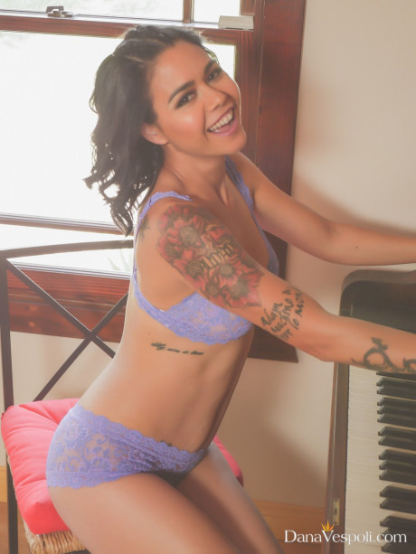 Thin tattooed asian Dana Vespoli exposes her hot body in front of a piano - #1076971