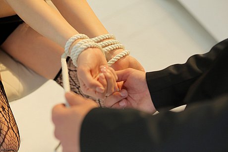 Charming red hair girl Red Fox in hot undies bound with rope & banged by a suit