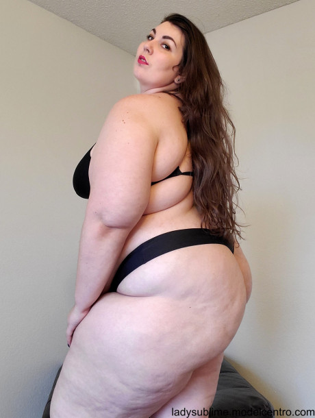 Dazzling MILF fatty bitch woman Sublime modelling her wide body in black undies - #384024