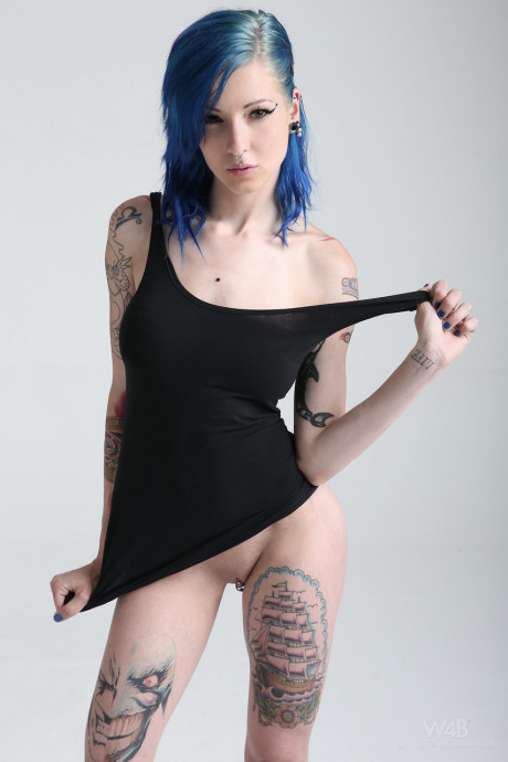 Young with blue hair exposes her slender body, humongous tits and hot tattoos - #399467