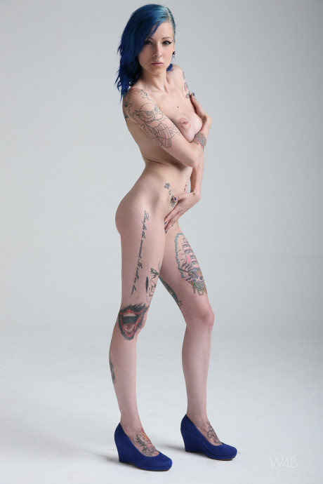 Young with blue hair exposes her slender body, humongous tits and hot tattoos - #399468