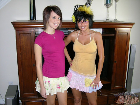 Amateur dykes from the USA doff micro skirts on way to posing naked together - #1530323