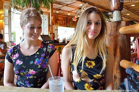 Pretty lesbians Nicole & Veronica kiss while teasing in short dresses in public - Image 20 of 21  in Model category   featuring Nicole, Veronica 