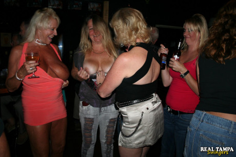 Older wifey Double Dee & her nasty GFs showing their tits in a club - #1165918