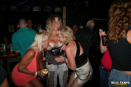 Older wifey Double Dee & her nasty GFs showing their tits in a club - #1165919