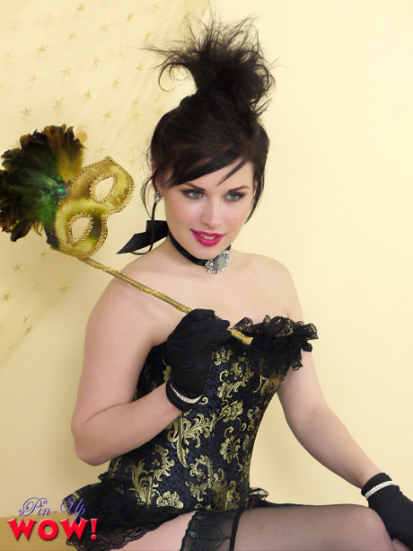 Brunette pinup chick GF lady flaunts perky tits in vintage lace corset & high heels - #1273802