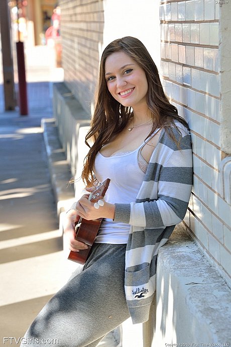 Bosomy babe Summer exposes her giant booty while playing a small guitar in public - Image 5 of 20  in Model category   featuring Summer 