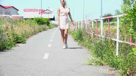 Pretty delicious Bianca hikes her short dress to take a pee on the public walking path - #403760