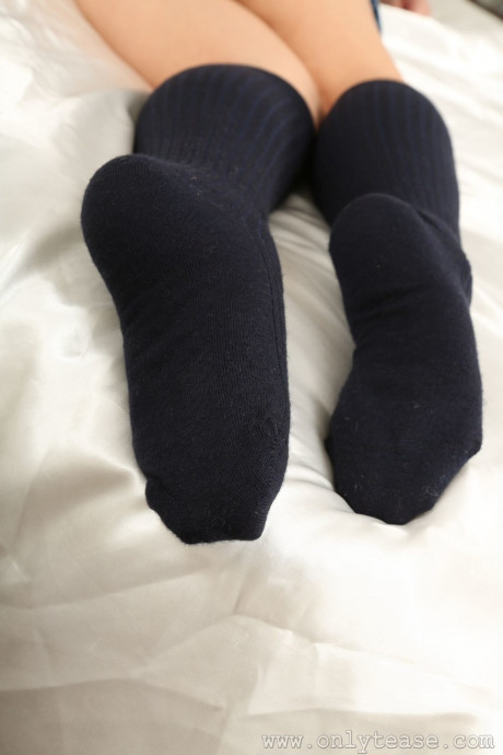 Stunning big boobed young Kay poses in pretty socks and blue panties - #1087563