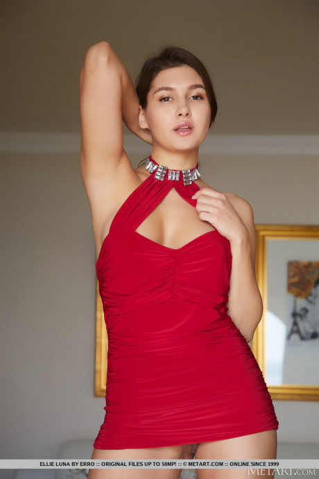 Ellie Luna seduces and teases in her red halter dress that show off her - #806455