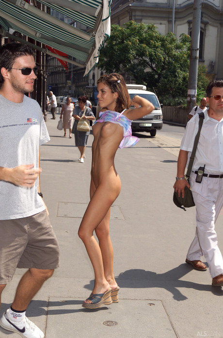 Shameless teenie Nella poses naked in public & exposes her fake boobies & bald pussy - #215977