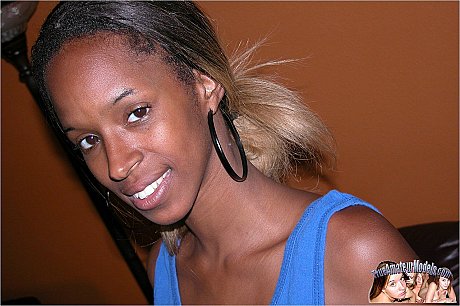 Skinny ebony whore girlfriend broad gets completely undressed while wearing huge hoop earrings - Image 2 of 12  in Pussy category  