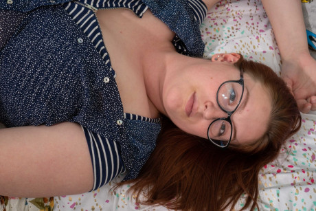 Chubby redheaded geek Breanna reveals her monstrous boobs and toys her bush - #206186