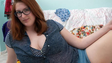 Chubby redheaded geek Breanna reveals her monstrous boobs and toys her bush - #206187