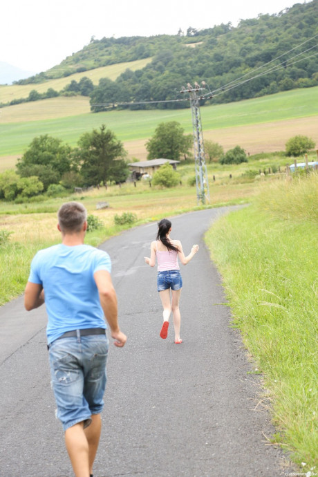 Sexy small titted teenie Mia Evans gets stripped & boned by two men outdoors - #1081216