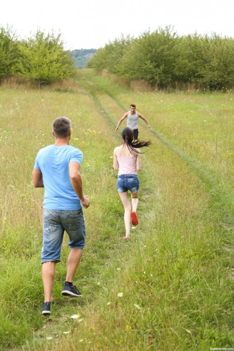 Sexy small titted teenie Mia Evans gets stripped & boned by two men outdoors - #1081217