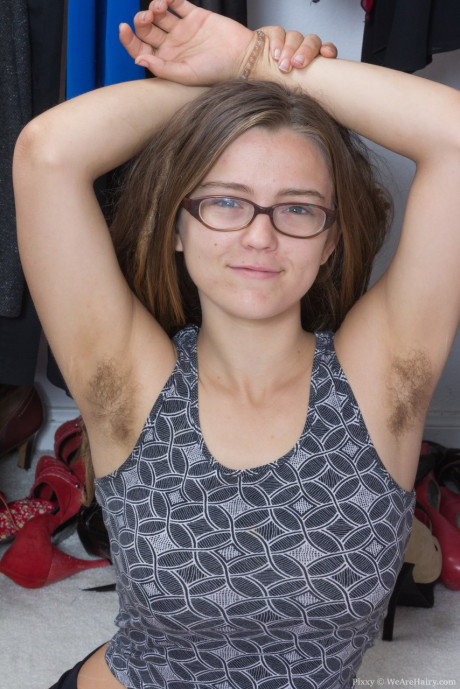 Glasses clad Pixxy is more than happy to show her fresh teenie furry armpits and muff - #975241