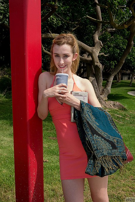 Dirty teen in a skimpy red dress Phoebe Keller giving an upskirt in public - Image 1 of 11  in Outdoor category   featuring Phoebe Keller 