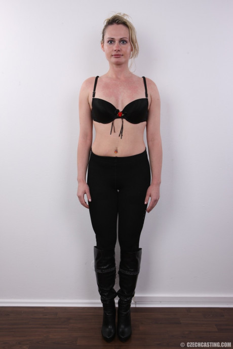 Slutty blond takes off her clothes an item at a time until she's standing nude - #1093554