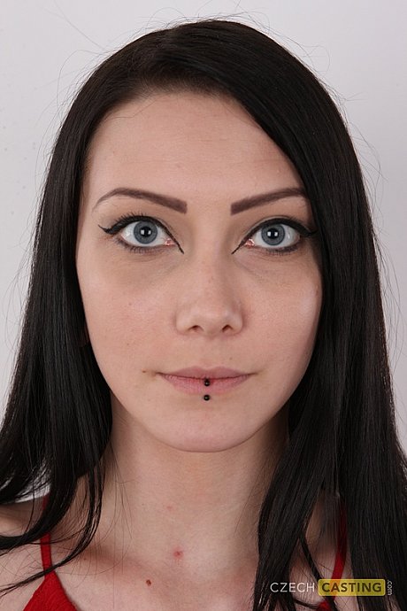 Tattooed brunette with striking eyes removes red dress to stand naked - xxx porn gallery #49704 in Pussy featuring Danika