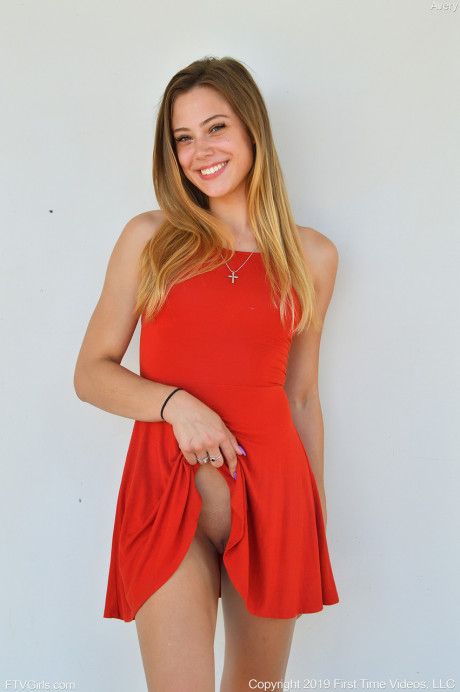 Adorable amateur teen in a red dress Avery flashes her bum and vagina - #662919