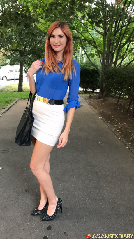 Pretty redhead Kattie Gold spreads her tight twat while stripping for POV sex - #1179970