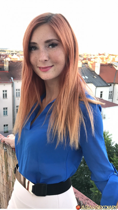 Pretty redhead Kattie Gold spreads her tight twat while stripping for POV sex - #1179972