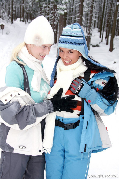 Babes with big boobs Yvonne A and Ora strip and play with a toy in the snow - #1425423