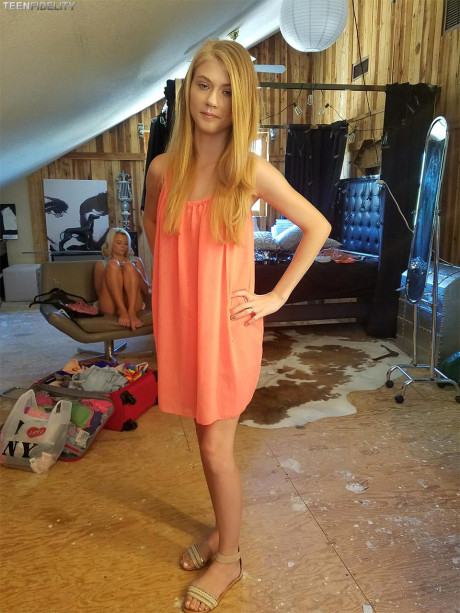 Hot blondie teenie models her tiny titties & petite figure in fine outfits - #1095693
