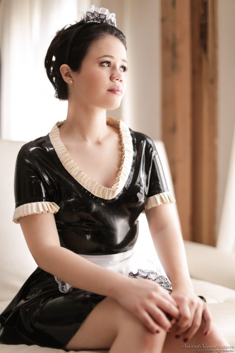 Stunning fresh teenie maid Yhivi slips off uniform to model naked in the window - #64964