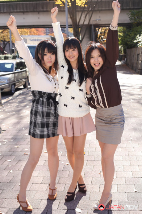 Three Japanese bitches in skirts pose outdoors for a SFW shoot - #1112269