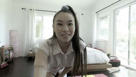 Asian sweetie Kimmy Kimm getting spooned by Seth Gamble on the bed - #751449