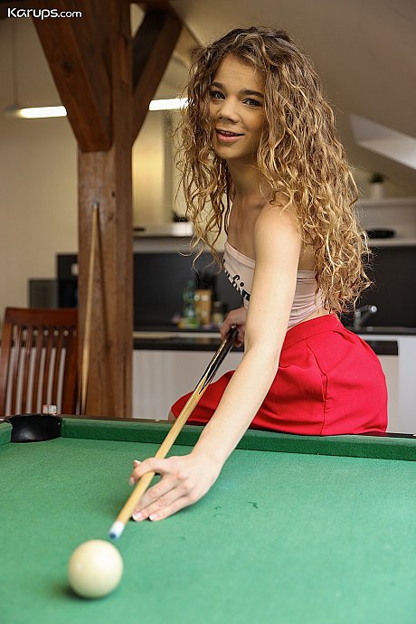 Curly haired young Sabrina Spice gets pounded on a armchair by the billiard table - Image 1 of 20  in Teen category   featuring Angelo Godshack, Sabrina Spice 