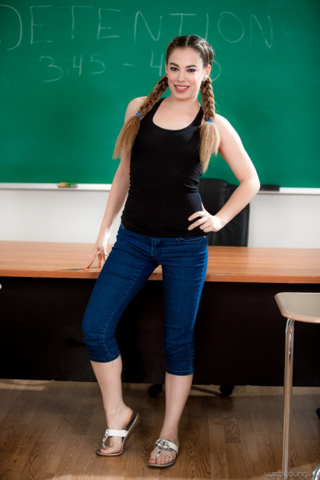 Schoolgirl Bobbi Dylan gets completely nude on top of her teacher's desk - #512965