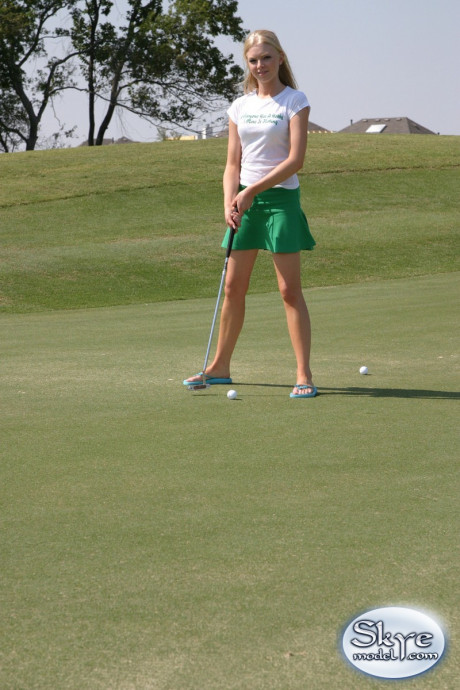 Pretty blondie whore gf girl Skye Model flashes her cotton panties on the golf course - #573276