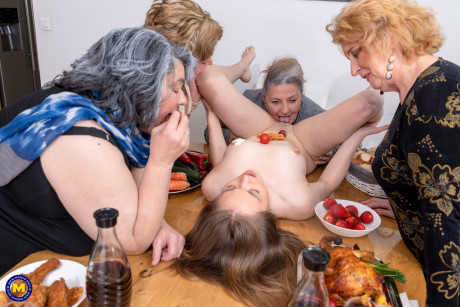 Wide older women eat food off a undressed fresh teenie bitch girlfriend woman before receiving cunnilingus