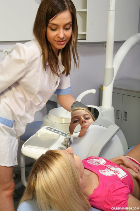 Lesbian teens Tanja M & Kate R toy each other at the dentist's office - #1280067