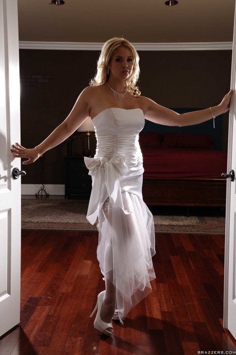 Lovely blondie bride sheds her wedding gown to pose topless in pantyhose & garter - #222250