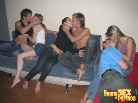 A group of teenie couples swap partners during drunk group sex