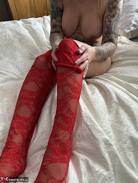 Tattooed blondy Inked MILF removes red undies and pantyhose to go undressed - Image 10 of 16  in Pussy category   featuring Inked MILF 