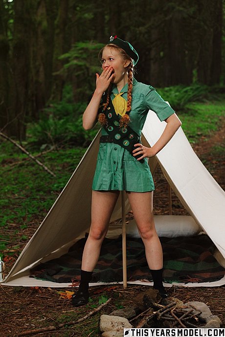 Redheaded slut girlfriend lady Scout Dolly Little gets naked outside her tent in beret - Image 1 of 15  in Outdoor category   featuring Dolly Little 