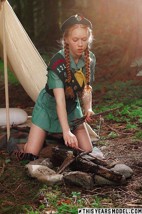 Redheaded slut girlfriend lady Scout Dolly Little gets naked outside her tent in beret - Image 6 of 15  in Outdoor category   featuring Dolly Little 