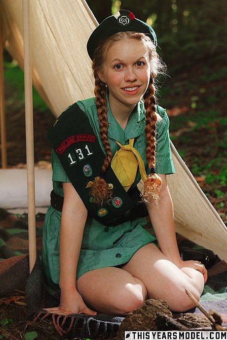 Redheaded slut girlfriend lady Scout Dolly Little gets naked outside her tent in beret - Image 8 of 15  in Outdoor category   featuring Dolly Little 