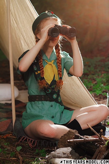 Redheaded slut girlfriend lady Scout Dolly Little gets naked outside her tent in beret - Image 9 of 15  in Outdoor category   featuring Dolly Little 