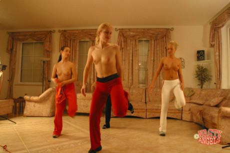 Four lesbian teens strip their clothes off while dancing at home - #161069